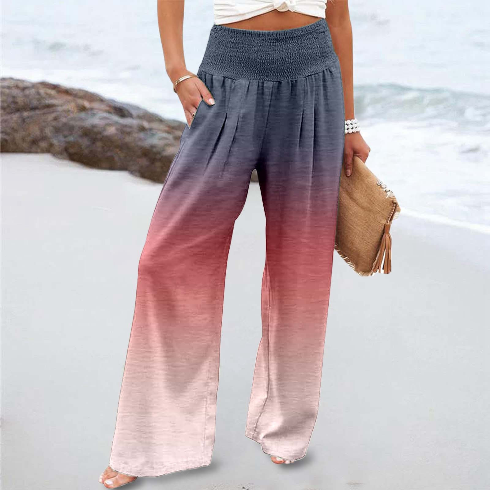 thumbnail image 2 of Pantalones anchos de cintura alta con estampado veraniego para mujer: cintura alta estilizada, bolsillos ocultos funcionales, transformación de moda para múltiples ocasiones., 2 of 5
